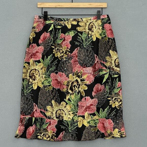 VTG Silk Womens Skirt 12 Black Colorful Tropical Pineapple Hawaiian Floral Retro - Picture 1 of 11